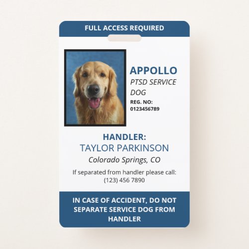 Blue White Service Dog Photo ID Badge