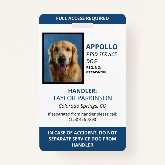 Blue White Service Dog Photo ID Badge