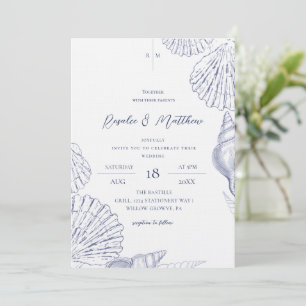 Blue & White Shells Elegant Coastal Wedding Invitation