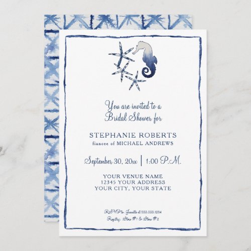 Blue White Shibori Seahorse Starfish Beach Bridal Invitation