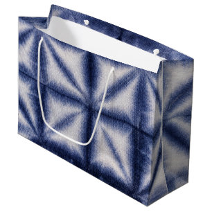 Blue & White Shibori Shapes Tie Dye Denim Look Large Gift Bag