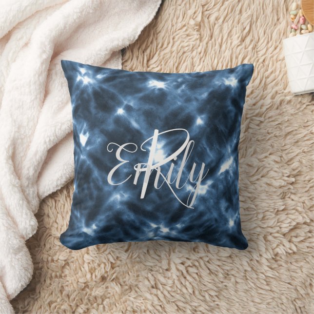 Blue & White Shibori Tie Dye Monogram Name Throw Pillow (Blanket)