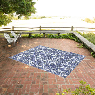 Blue & White Sicilian Majolica Mediterranean Outdoor Rug
