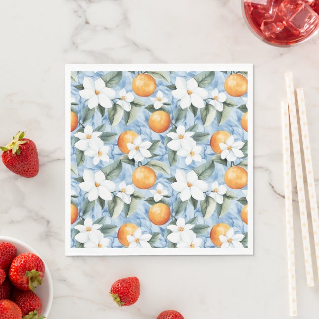 Blue White Sicilian Summer Floral Oranges Wedding Napkins (Insitu)