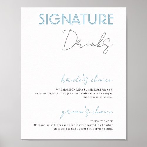 Blue  White Signature Drinks Wedding Bar Poster
