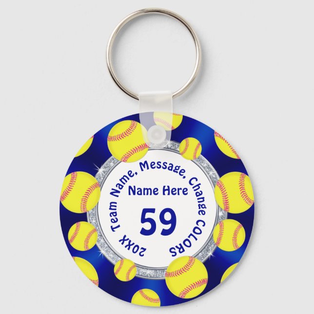 Blue, White, Silver Cheap Softball Gifts Softball Keychain (Front)