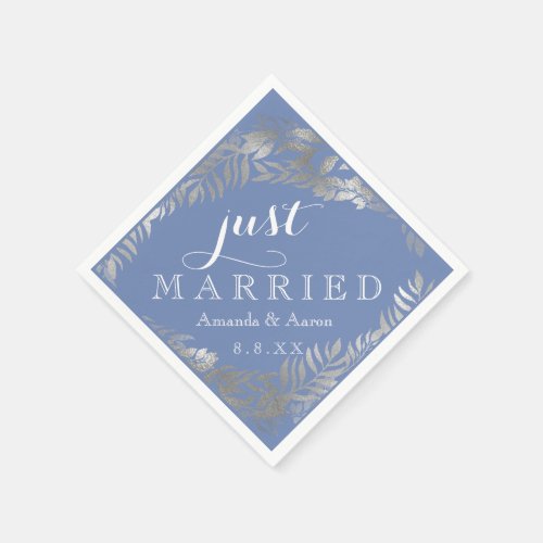 Blue White Silver Floral Gray Just Married Napkins