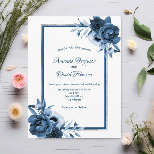 Blue white silver florals wedding invitation postcard