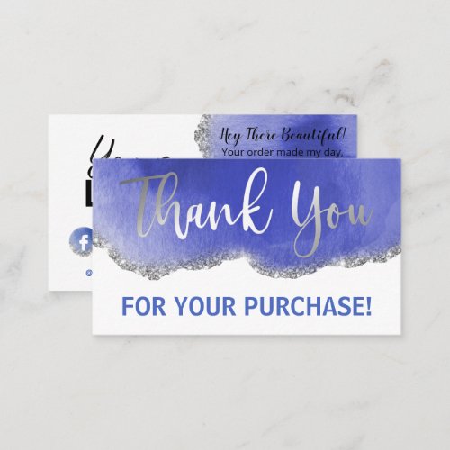 Blue White Silver Glitter Agate Thank You Order Business Card