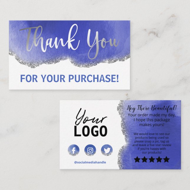 Blue White Silver Glitter Agate Thank You Order Business Card (Front/Back)