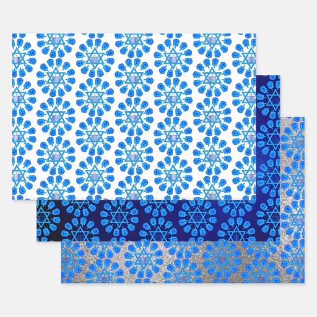 Blue White & Silver Hanukkah Motif Wrapping Paper Sheets (Set)