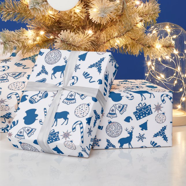 Blue white silver pattern Christmas wrapping Wrapping Paper (Holidays)