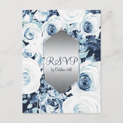 Blue White Silver Winter Wedding Elegant RSVP Invitation Postcard