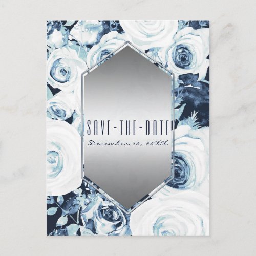 Blue White Silver Winter Wedding Save the Date Announcement Postcard
