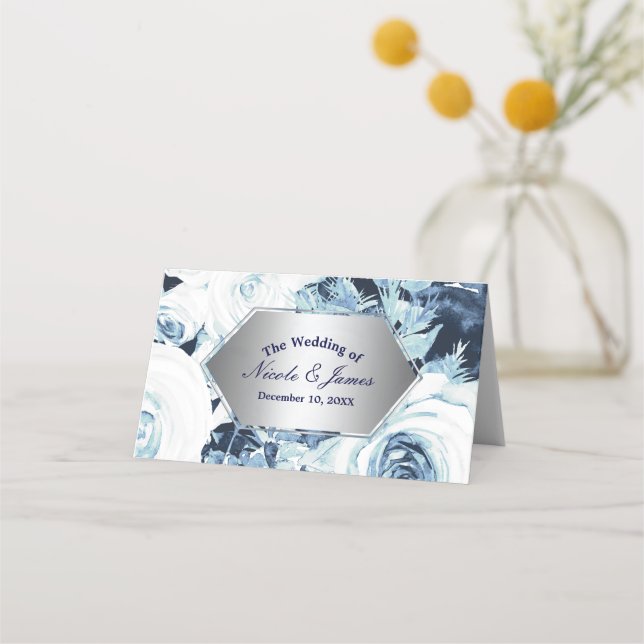 Blue White Silver Winter Wedding Table Seat Place Card (Front)