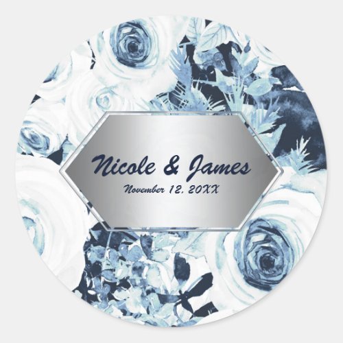 Blue White Silver Winter Wedding Vintage Roses Classic Round Sticker