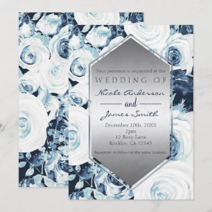 Blue White Silver Winter Wedding Vintage Roses Invitation