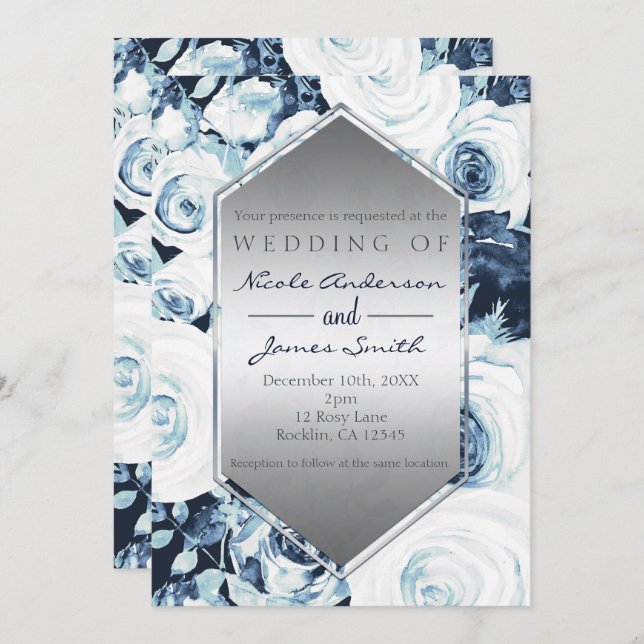 Blue White Silver Winter Wedding Vintage Roses Invitation (Front/Back)