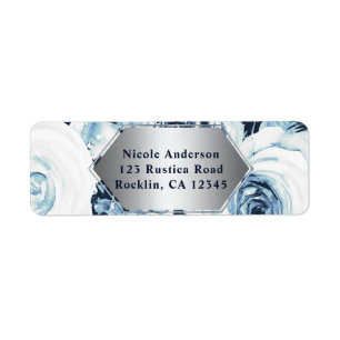 Blue White Silver Winter Wedding Vintage Roses Label
