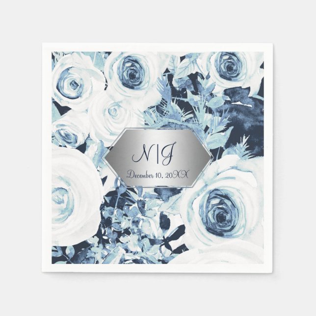 Blue White Silver Winter Wedding Vintage Roses Napkins (Front)