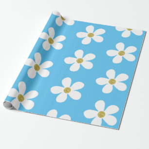 Blue White Simple Daisy Gold Wrapping Paper
