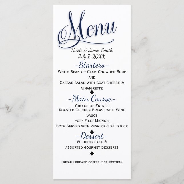 Blue & White Simple Elegant Wedding Menu Card (Front)