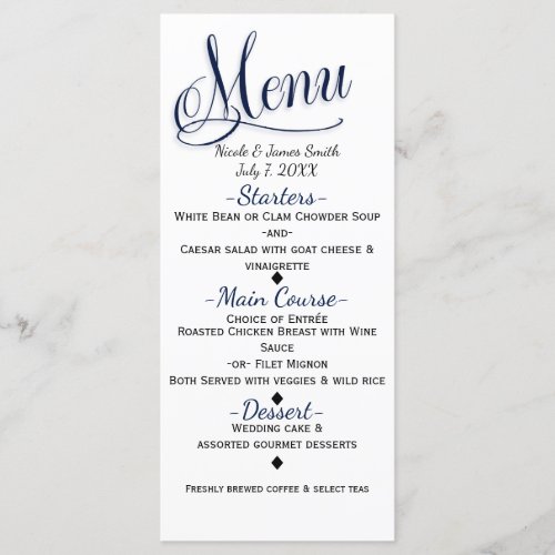 Blue  White Simple Elegant Wedding Menu Card