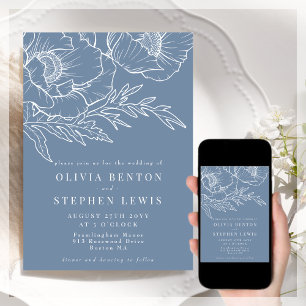 Blue & White Simple Floral Wedding Invitation