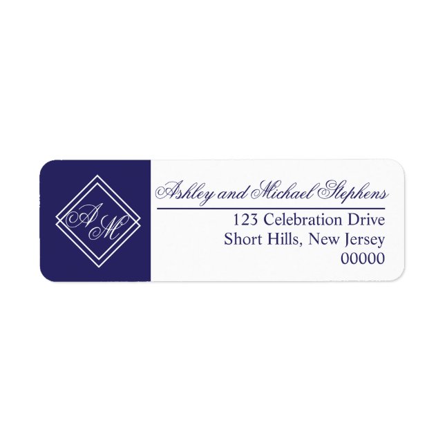 Blue White Simple Geometric Monogram Wedding Label (Front)