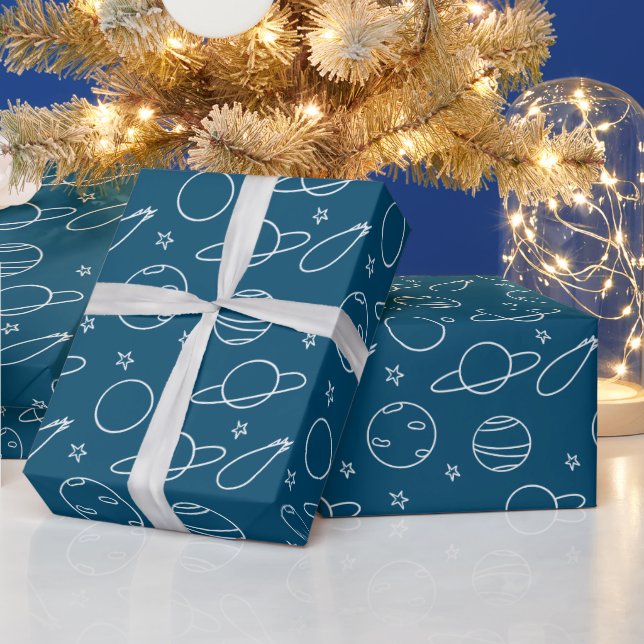 Blue White Simple Planet and Stars Wrapping Paper (Holidays)