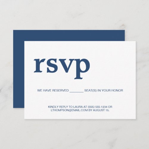 Blue White simple reserved seating email or phone RSVP Card