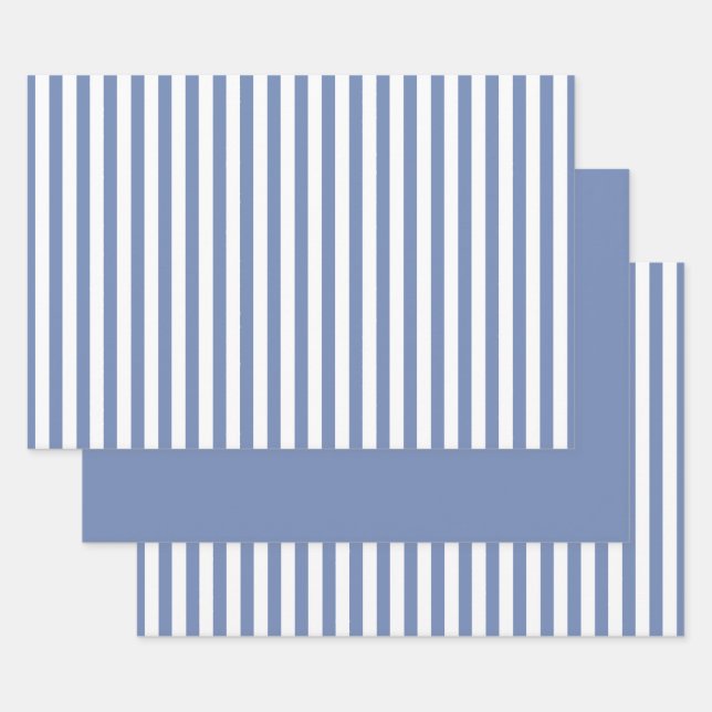 Blue White Simple Stripes Pattern Geometric Wrapping Paper Sheets (Set)