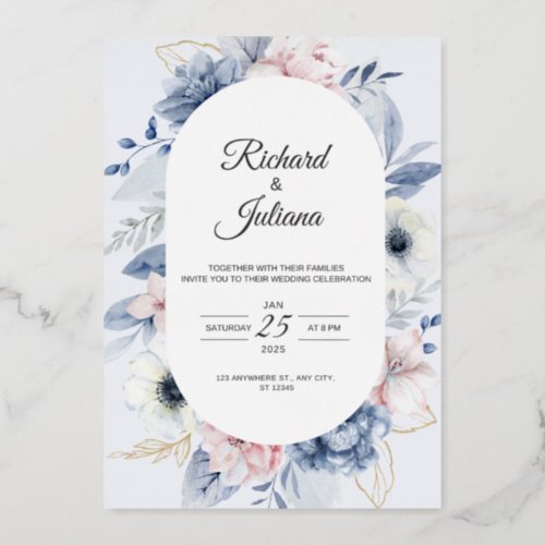 Blue White Simple Wedding Invitation Foil Invitation