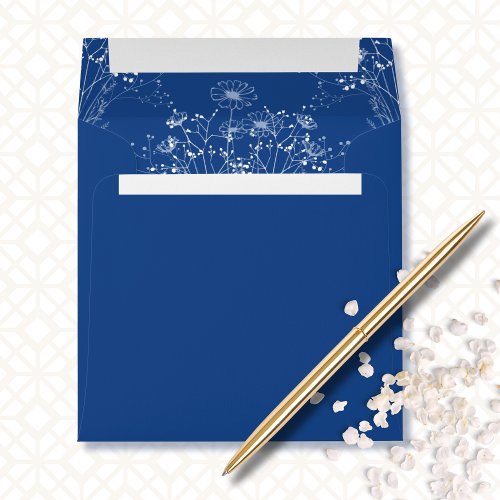 Blue White Simple Wildflower Botanical Wedding Envelope