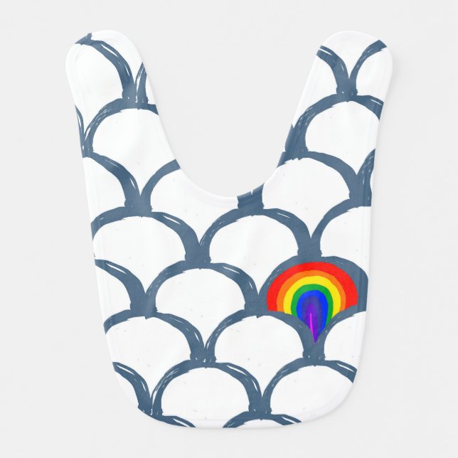 Blue & White Sketch Scallop Pattern & Rainbow  Baby Bib (Front)