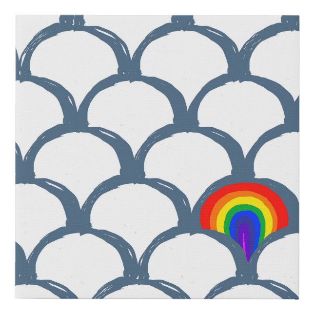 Blue & White Sketch Scallop Pattern & Rainbow  Faux Canvas Print (Front)