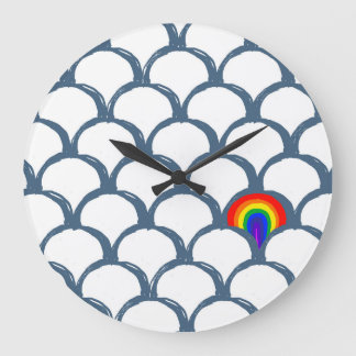 Blue & White Sketch Scallop Pattern & Rainbow Large Clock