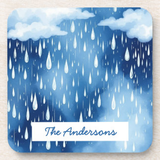 Blue White Sky Rain Drops Pattern Beverage Coaster