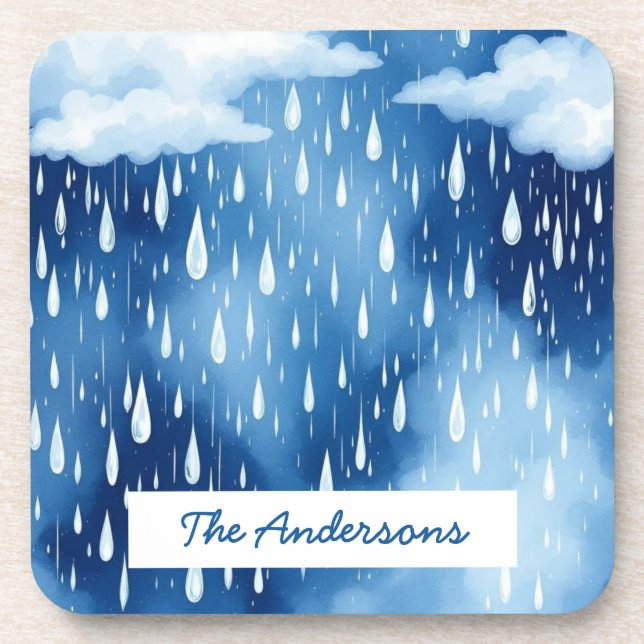 Blue White Sky Rain Drops Pattern Beverage Coaster (Front)