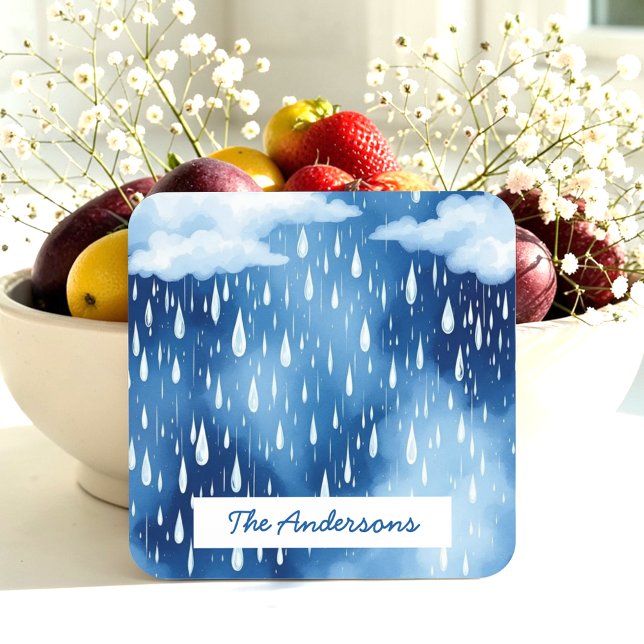 Blue White Sky Rain Drops Pattern Beverage Coaster (Creator Uploaded)