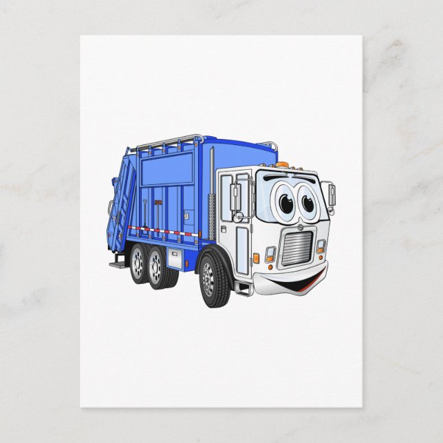 Blue White Smiling Garbage Truck Cartoon Postcard (Front)