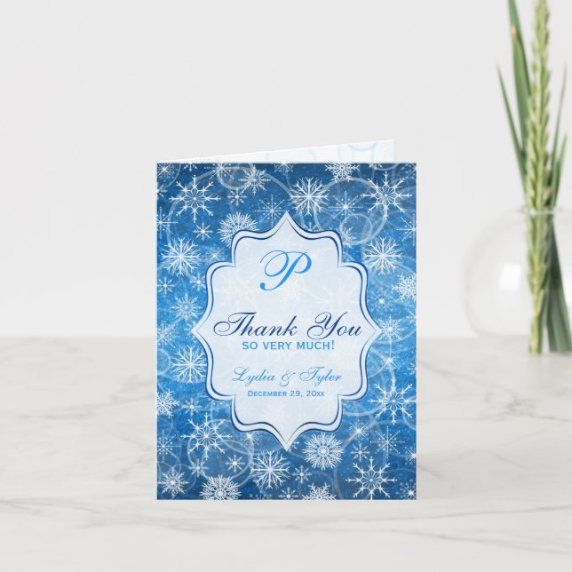 Blue, White Snow Flakes Photo Thank You Card (Front)