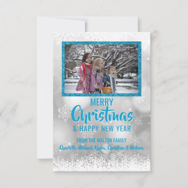 Blue White Snow Glitter Christmas New Year | PHOTO Invitation (Front)