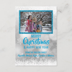 Blue White Snow Glitter Christmas New Year PHOTO Invitation