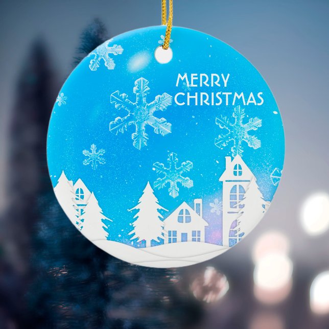 Blue White Snow House Christmas New Year  Ceramic Ornament (Creator Uploaded)