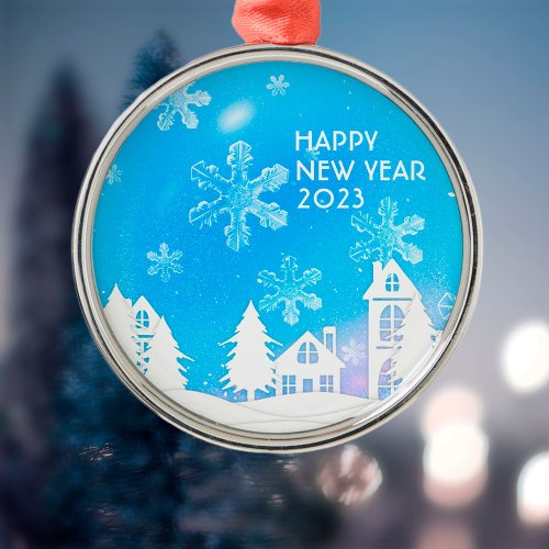 Blue White Snow House Happy New Year 2023  Metal Ornament