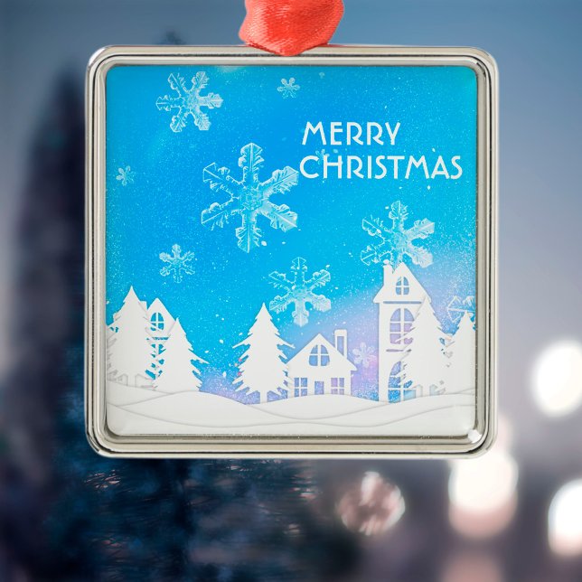 Blue White Snow House Merry Christmas  Metal Ornament (Creator Uploaded)