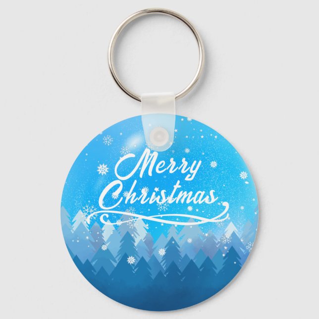 Blue White Snow Peaceful Forest Merry Christmas  Keychain (Front)