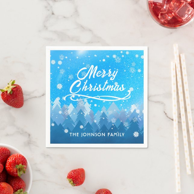 Blue White Snow Peaceful Forest Merry Christmas   Napkins (Insitu)