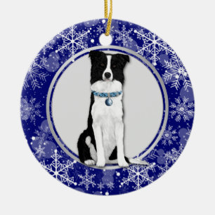 Blue White Snowflake Border Collie Christmas Ceramic Ornament